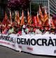 La cabecera de la manifestación en Barcelonaorganizada por los sindicatos contra las políticas europeas de austeridad