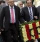 Los dirigentes de CDC, Jordi Turull, Josep M.Coromina, Josep Rull y Francesc Homs, durante la tradicional ofrenda floral ante el monumento de Rafael Casanova