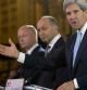 Kerry junto a los ministros de Exteriores de Francia, Laurent Fabius, y el Reino Unido, William Hague