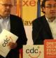 Los dirigentes de CDC, Lluís Corominas y Josep Rull, durante una rueda de prensa