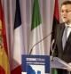 El presidente del Gobierno, Mariano Rajoy, durante su intervención en la inauguración, hoy en el Palacio de Pedralbes de Barcelona, del Foro Económico del Mediterráneo Occidental.