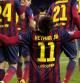 El delantero del Barça Neymar celebra uno de los tres goles que marcó al Celtic de Glasgow,