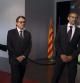 El presidente de la Generalitat, Artur Mas, acompañado por los directivos Jordi Mones y Cales Villarrubi en el Camp Nou durante el homenaje que se le está rindiendo al exentrenador del FC Barcelona Francesc 'Tito' Vilanova