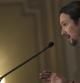 El portavoz de Podemos, Pablo Iglesias, durante su intervención en un desayuno informativo en Madrid, organizado por el Forum Europa.