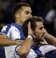 El delantero uruguayo del Espanyol Christian Stuani (d) celebra con su compañero Lucas Vázquez la consecución del primer gol de su equipo ante la U.D Almería disputado hoy en el Power 8 Stadium