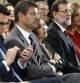 El presidente del Gobierno, Mariano Rajoy, junto a la vicepresidenta Sáenz de Santamaría y los ministros Montoro, Báñez, Soria y Catalá