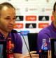 Los jugadores del FC Barcelona Andres Iniesta (i) y Sergio Busquets (d) durante la rueda de prensa que ambos ofrecieron tras el entrenamiento que la plantilla azulgrana ha realizado esta mañana en las instalaciones de la Ciudad deportiva Joan Gamper, de cara a preparar la final de Copa del Rey que disputarán mañana ante el Athletic en el Camp Nou