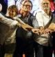 Los candidatos de Junts pel Sí, Eduardo Reyes, Carmen Forcadell, Artur Mas, Raül Romeva, Oriol Junqueras y Germà Bel, durante su participación en el acto convocado por la candidatura independentista en el Paseo Lluis Companys de Barcelona.