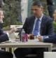 Fotografía facilitada por el PP del Mariano Rajoy, el candidato Xavier Garcia Albiol y el vicesecretario de Comunicación del partido, Pablo Casado, tomando un café en una terraza