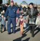 ZAHONY, HUNGARY - MARCH 12: A Hungarian police officer helps families as they arrive at Zahony train station after fleeing Ukraine on March 12, 2022 in Zahony, Hungary. More than 2 million refugees have fled Ukraine since the start of Russia's military offensive, according to the UN. Hungary, one of Ukraine's neighbouring countries, has welcomed more than 144,000 refugees fleeing Ukraine after Russia began a large-scale attack. on March 12, 2022 in Zahony, Hungary. More than 2 million refugees have fled Ukraine since the start of Russia's military offensive, according to the UN. Hungary, one of Ukraine's neighbouring countries, has welcomed more than 144,000 refugees fleeing Ukraine after Russia began a large-scale attack. (Photo by Christopher Furlong/Getty Images)