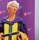 European Central Bank (ECB) President Christine Lagarde reacts after LSE Director Minouche Shaikh presented her with an honorary degree, at the LSE (London School of Economics) in London on June 15, 2022. (Photo by Glyn KIRK / AFP)