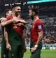 Portugal's forward #26 Goncalo Ramos (front) celebrates with teammates after he scored his team's third goal during the Qatar 2022 World Cup round of 16 football match between Portugal and Switzerland at Lusail Stadium in Lusail, north of Doha on December 6, 2022. (Photo by Fabrice COFFRINI / AFP)