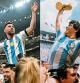(COMBO) This combination of pictures created on December 18, 2022 shows Argentina's forward Lionel Messi (L) holding the World Cup trophy after beating France during the Qatar 2022 World Cup final football match at Lusail Stadium in Lusail, north of Doha on December 18, 2022 and Argentina's captain Diego Armando Maradona (R) holding the World Cup trophy won by his team after a 3-2 victory over West Germany on June 29, 1986 at the Azteca Stadium in Mexico City. (Photo by Anne-Christine POUJOULAT / AFP)