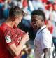 Mallorca's Spanish defender Antonio Jose Raillo (L) argues with Real Madrid's Brazilian forward Vinicius Junior during the Spanish League football match between RCD Mallorca and Real Madrid at the Visit Mallorca stadium in Palma de Mallorca on February 5, 2023. (Photo by JAIME REINA / AFP)