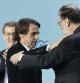 FOTODELDÍA- VALENCIA, 04/02/2023.- El expresidente José María Aznar (c) saluda a Mariano Rajoy (d), hoy sábado en Valencia donde el líder del PP, Alberto Núñez Feijóo (i), protagoniza un nuevo acto de precampaña electoral en forma de Intermunicipal. EFE/Kai FORSTERLING