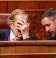 El líder de Vox, Santiago Abascal en el segundo dia de la moción de censura liderada por el profesor y economista Ramón Tamames, contra el presidente del Gobierno, Pedro Sánchez, Congreso de los Diputados, que debate en el hemiciclo la sexta moción de censura de la democracia. Dioutadas de Vox con Tamames