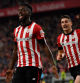 Athletic Bilbao's Spanish forward Inaki Williams celebrates after scoring his team's first goal during the Spanish Copa del Rey (King's Cup) semi final second leg football match between Athletic Club Bilbao and CA Osasuna at the San Mames stadium in Bilbao