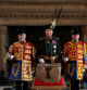 ATTENTION EDITORS - PICTURE EMBARGOED TO 0600 GMT FRIDAY APRIL 28, 2023 The Duke of Buccleuch (C) flanked by two Officers of Arms stand by the Stone of Destiny in Edinburgh Castle before onward transportation to Westminster Abbey for the Coronation of King Charles III, in Edinburgh, Scotland, Britain April 27, 2023. REUTERS/Russell Cheyne/Pool
