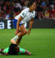 TOPSHOT - Nigeria's defender #22 Michelle Alozie (lower) reacts after being fouled by England's forward #07 Lauren James during the Australia and New Zealand 2023 Women's World Cup round of 16 football match between England and Nigeria at Brisbane Stadium in Brisbane on August 7, 2023. (Photo by Patrick Hamilton / AFP)