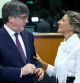 Catalan separatist leader Carles Puigdemont talks with Spanish Deputy Prime Minister Yolanda Diaz, at the European Parliament in Brussels, Belgium September 4, 2023. REUTERS/Yves Herman