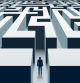 Businessman stands in front of a labyrinth. Problem solving and business opportunities. Vector illustration