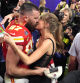 Taylor Swift kisses Kansas City Chiefs tight end Travis Kelce after the NFL Super Bowl 58 football game against the San Francisco 49ers, Sunday, Feb. 11, 2024, in Las Vegas. The Chiefs won 25-22. (AP Photo/John Locher)