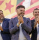 BARCELONA, 17/07/2023.- (i-d) El presidente de Esquerra Repúblicana de Catalunya, Oriol Junqueras, el candidato al Congreso, Gabriel Rufián y el coordinador general de EH Bildu, Arnaldo Otegi, durante el acto electoral que ERC ha celebrado hoy lunes en Barcelona. EFE / Quique García.