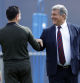 GRAFCAT2788. SANT JOAN DESPÍ (BARCELONA) (ESPAÑA), 15/04/2024.-El presidente del FC Barcelona, Joan Laporta (d) saluda al técnico azulgrana, Xavi Hernández (i) al inicio del entrenamiento que realiza la plantilla barcelonista en la Ciudad Deportiva Joan Gamper para preparar el partido de vuelta de los cuartos de final de la Liga de Campeones que disputarán mañana en el Estadio Olímpico Lluís Companys ante el Paris Saint-Germain.EFE/ Alberto Estévez