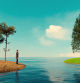 Man stands on island among dead leaves and looks at another island with green grass. There is water between the two islands. Concept of showing the grass is always greener on the other side.