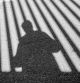 Shadow of man and vertical bars of fence in the street