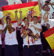 Spanish national football team players celebrate on the stage at Cibeles Square, with Spain fans, on July 15, 2024, after Spain won the UEFA Euro 2024 final football match between Spain and England. (Photo by OSCAR DEL POZO / AFP)