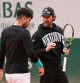 PARIS, FRANCE - JUNE 07: Juan Carlos Ferrero, coach of Carlos Alcaraz of Spain, speaks with him during a training session the day before the Men's Singles Final during Day Fourteen of the 2025 French Open at Roland Garros on June 07, 2025 in Paris, France. (Photo by Clive Brunskill/Getty Images)