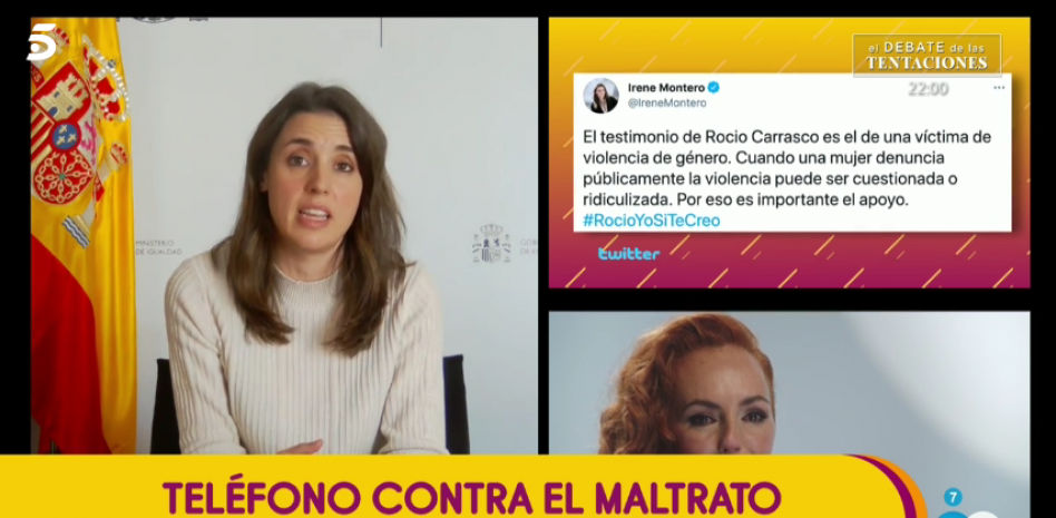 Irene Montero defiende a Rocío Carrasco en 'Sálvame': "Ha sido muy valiente"
