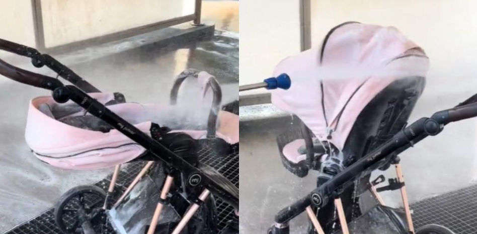 Enseñan cómo lavan el carrito de un bebé en la gasolinera y la gente alucina: “Cuando se seque la niña hace la comunión”