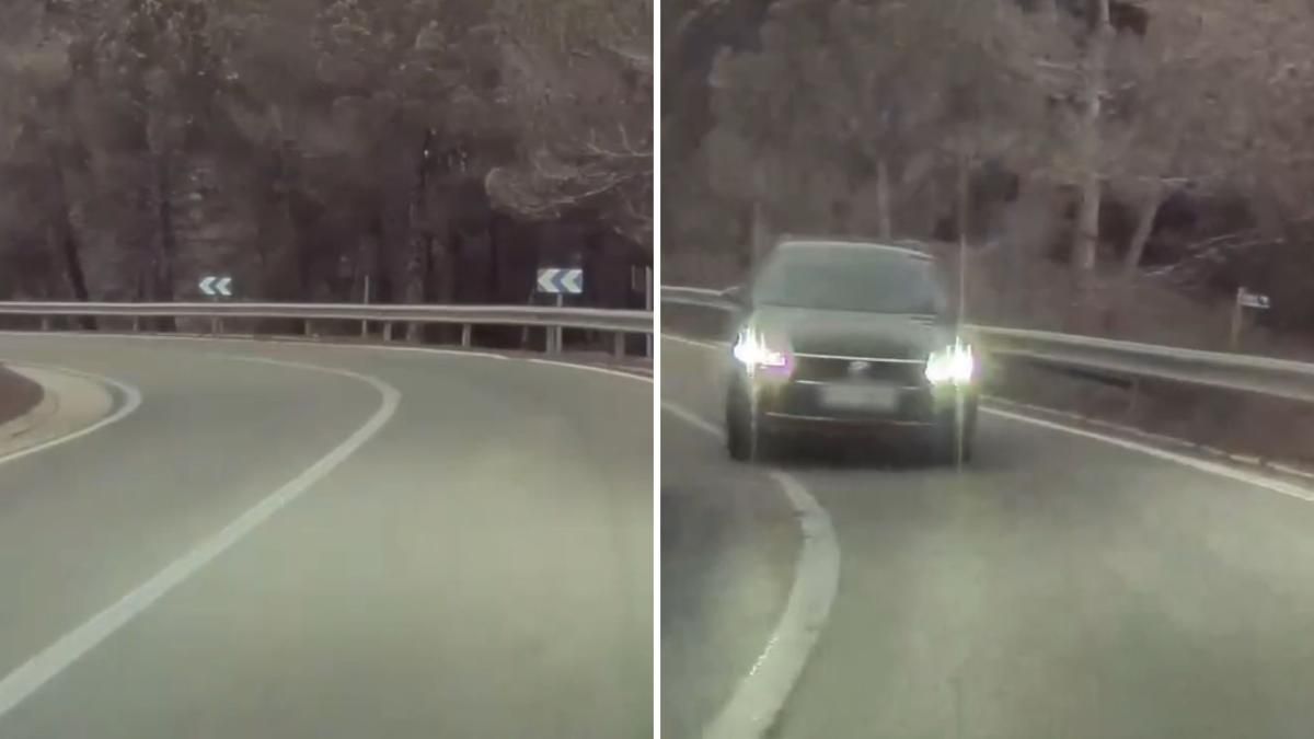 El temerario adelantamiento ilegal de un coche en una carretera de El Bruc que a punto está de provocar un accidente