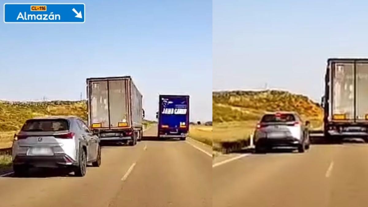 La sucesión de temerarias maniobras de un coche y un camión en una carretera de Soria que no termina en accidente por los pelos: “¡Qué peligro! Lo hacen los dos mal”