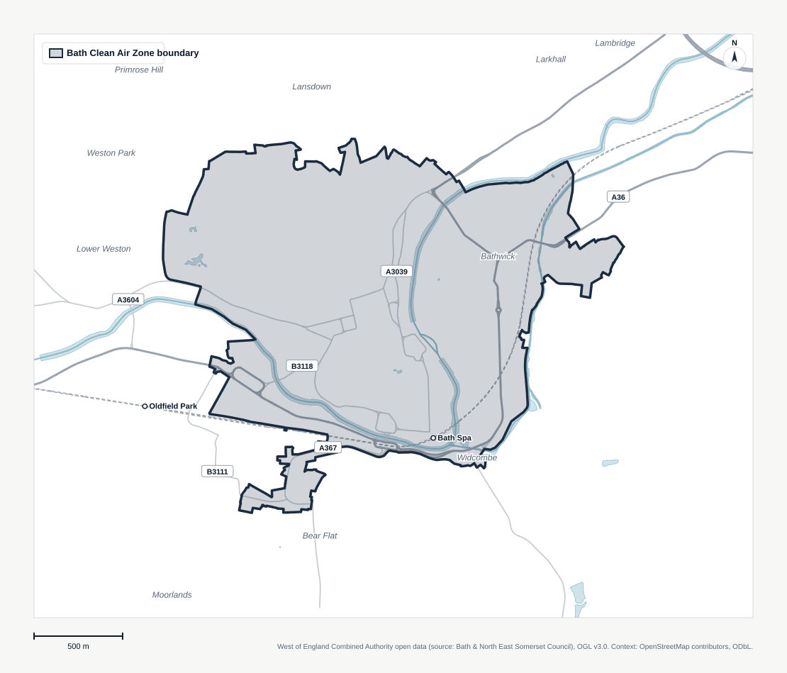 Map of the Bath Clean Air Zone boundary, showing the area of the city centre inside the zone.