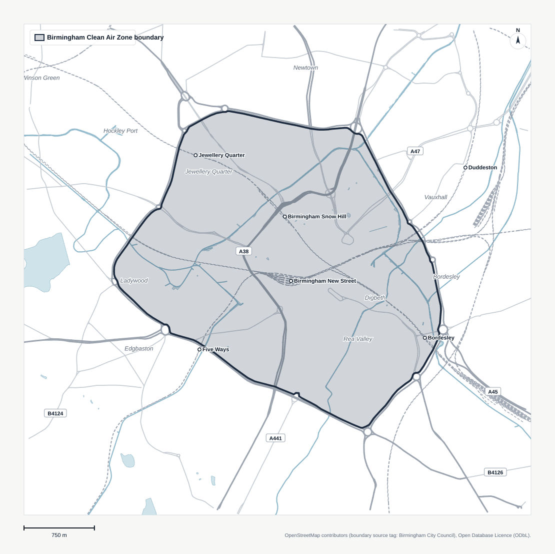 Map of the Birmingham Clean Air Zone boundary — the area inside the A4540 Middleway ring road. The Middleway itself is not part of the zone.