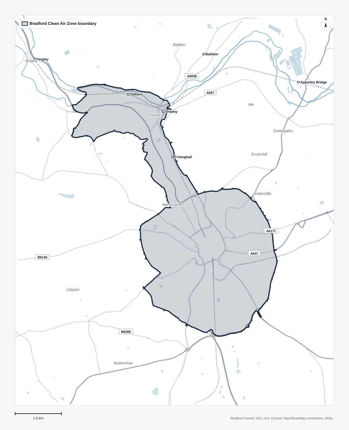 Map of the Bradford Clean Air Zone boundary, showing the city centre area plus the corridor extending north to Shipley and Saltaire.