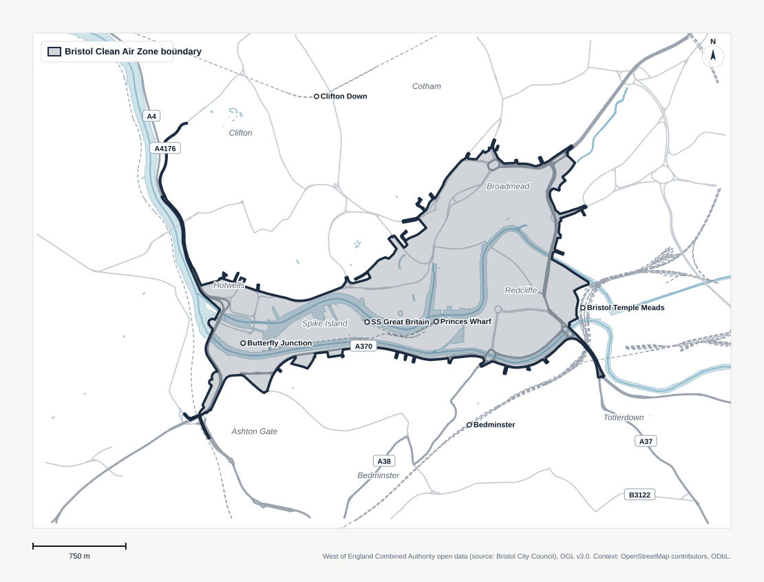 Map of the Bristol Clean Air Zone boundary, showing the area of the city centre and harbourside inside the zone.