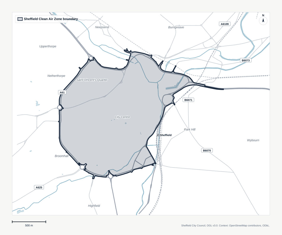 Map of the Sheffield Clean Air Zone boundary, showing the inner ring road and city centre inside the zone.