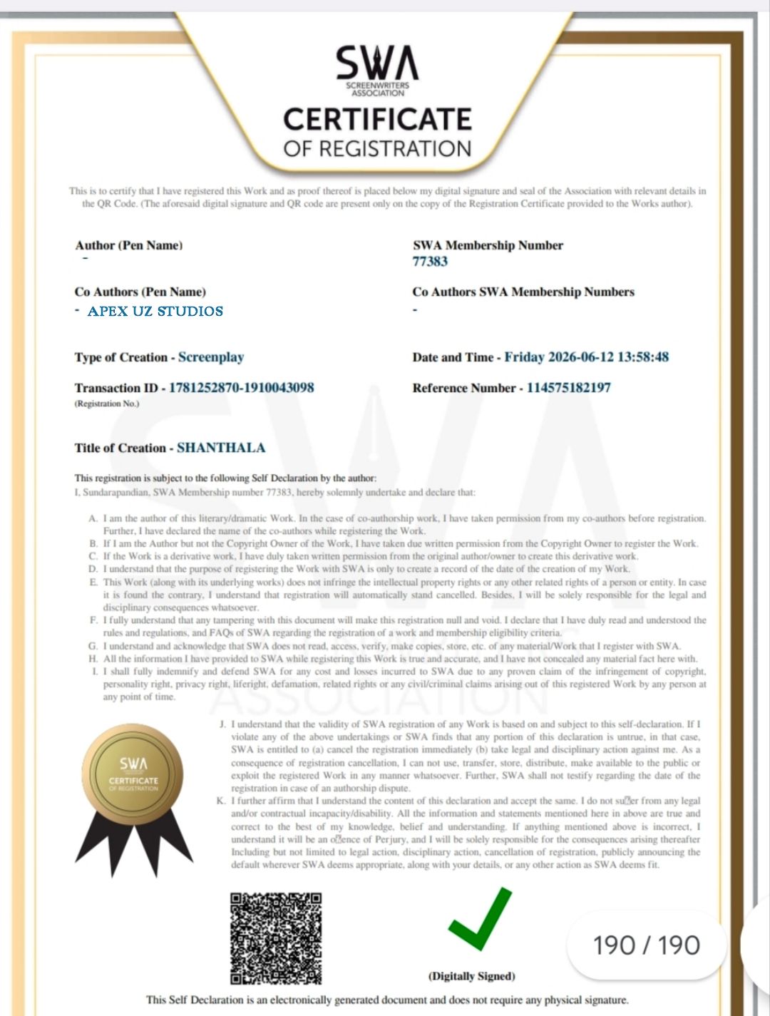Script Registration Certificate