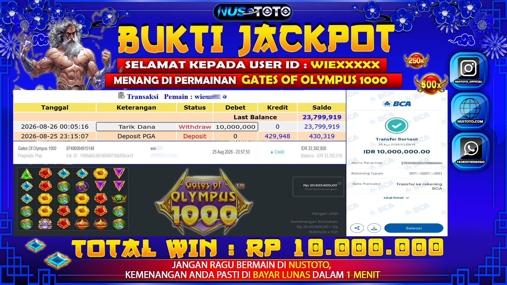 JACKPOT !! MENANG BESAR DI PERMAINAN GATES OF OLYMPUS 1000  Rp. 10,000, 000  LANGSUNG DI BAYAR LUNAS NUSTOTO !!