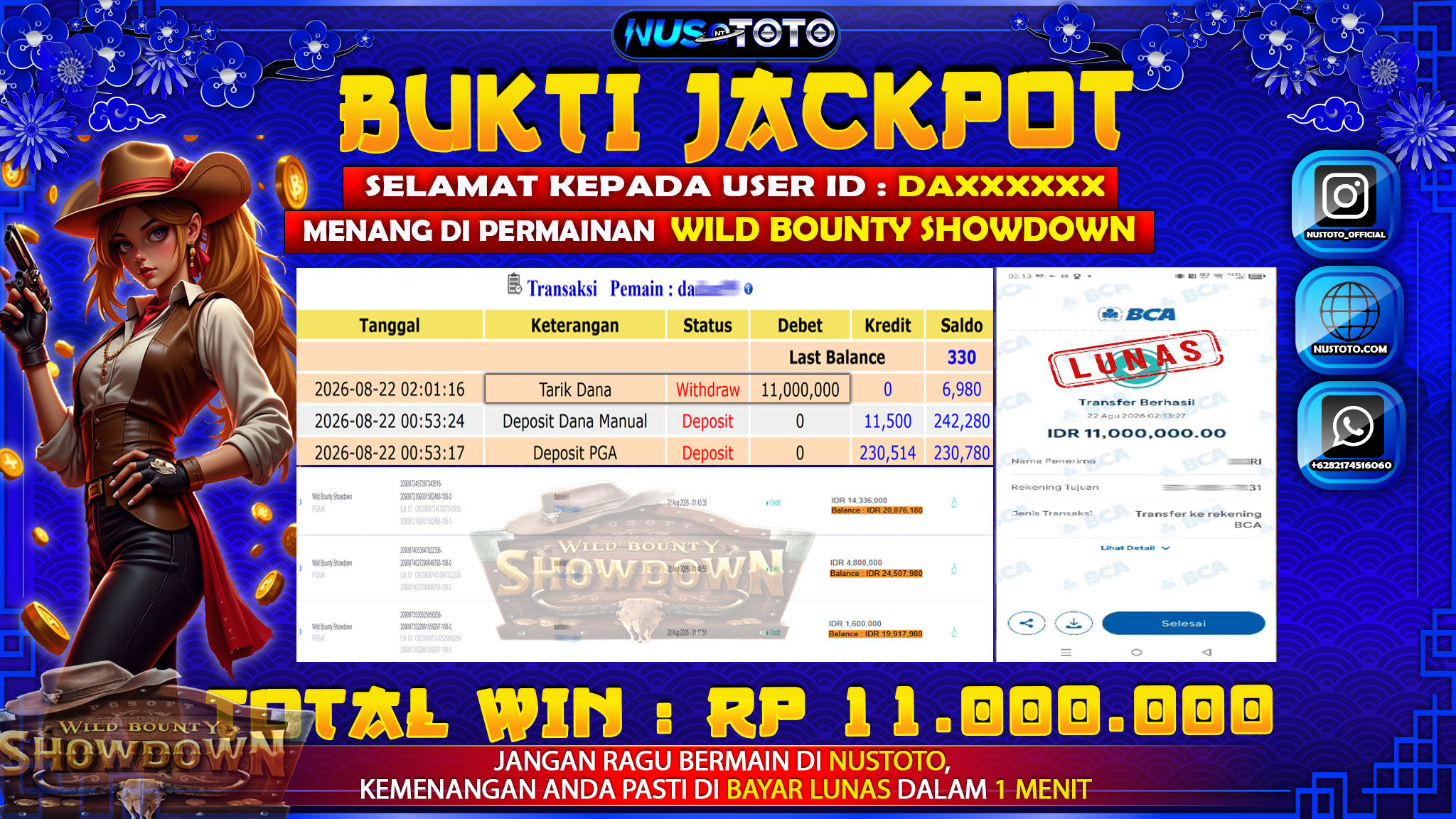 JACKPOT !! MENANG BESAR DI PERMAINAN WILD BOUNTY SHOWDOWN  Rp. 11,000, 000  LANGSUNG DI BAYAR LUNAS NUSTOTO !!