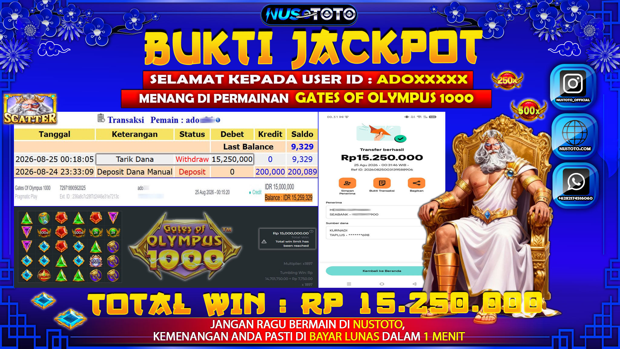 JACKPOT !! MENANG BESAR DI PERMAINAN GATES OF OLYMPUS 1000  Rp. 15,250, 000  LANGSUNG DI BAYAR LUNAS NUSTOTO !!
