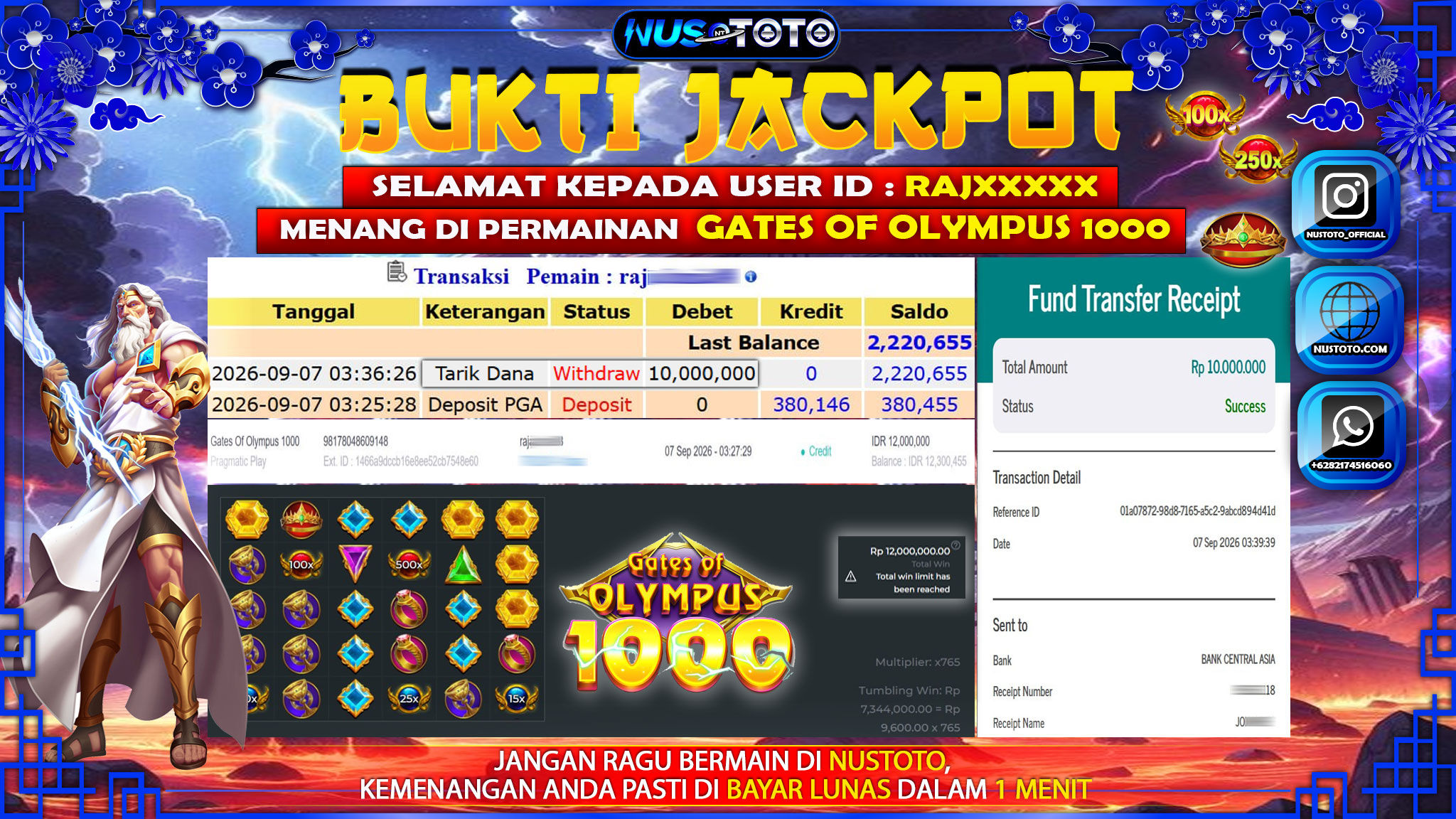 JACKPOT !! MENANG BESAR DI PERMAINAN GATES OF OLYMPUS 1000  Rp. 10,000, 000  LANGSUNG DI BAYAR LUNAS NUSTOTO !!