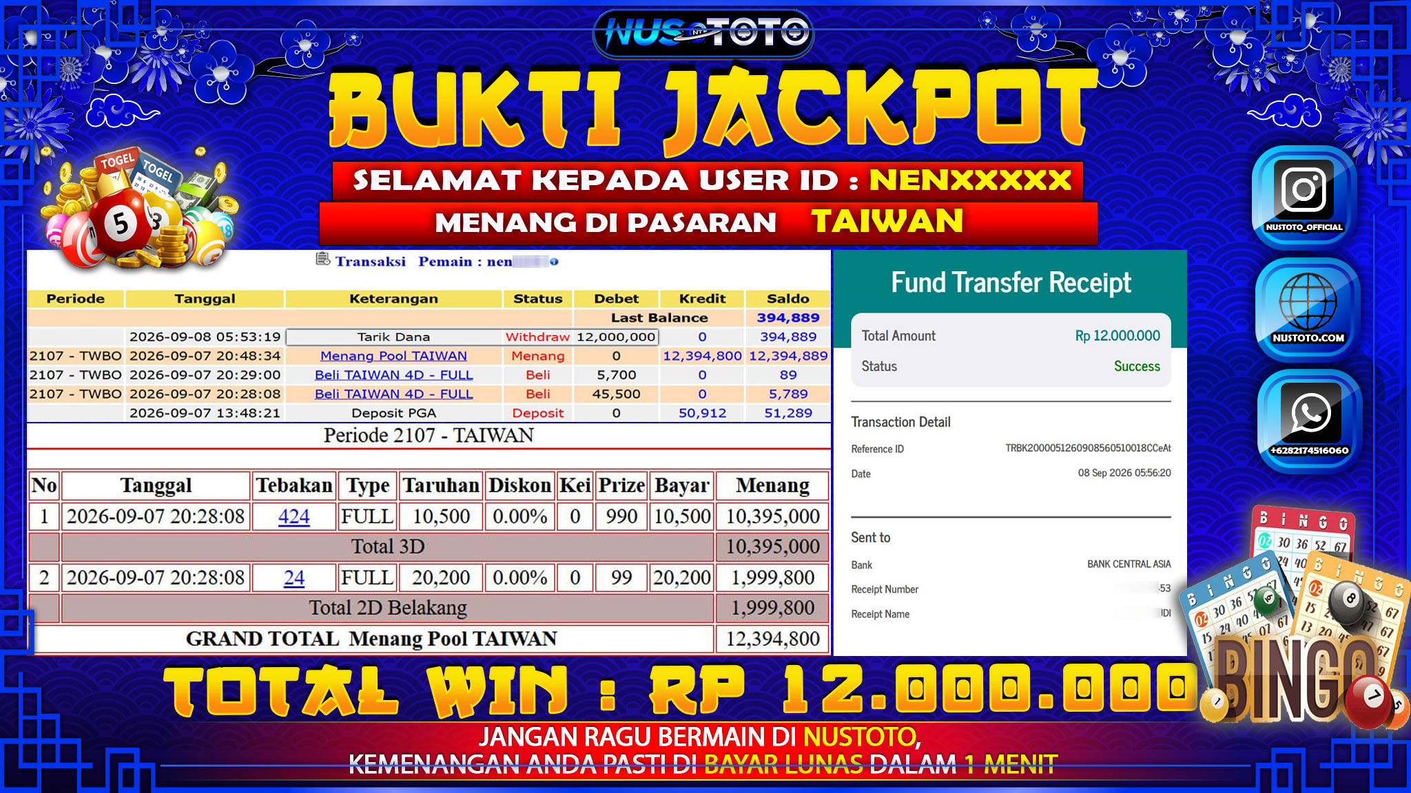 JACKPOT !! MENANG BESAR DI PASARAN TAIWAN SEBESAR  Rp. 12,000, 000  LANGSUNG DI BAYAR LUNAS NUSTOTO !!