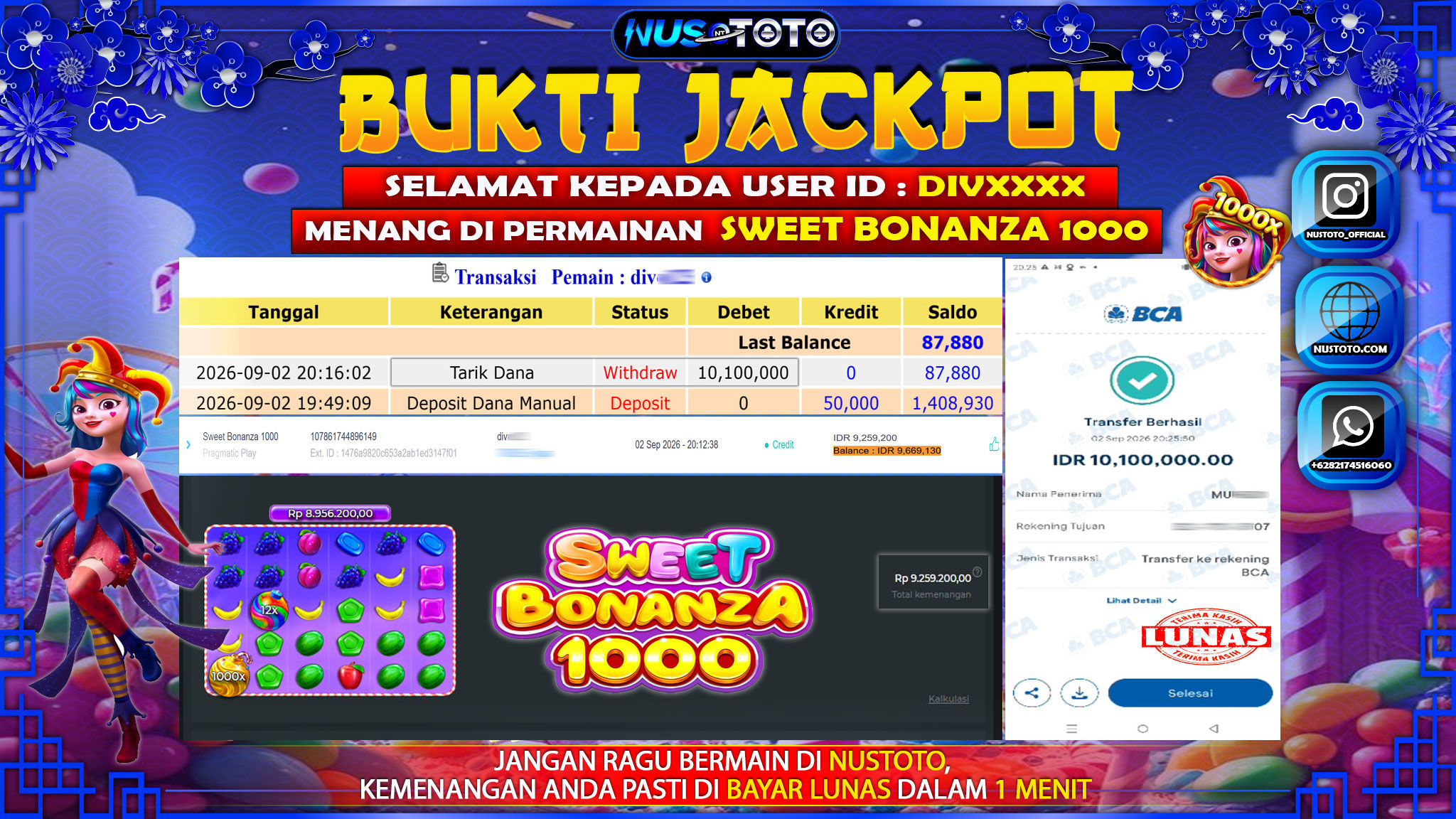 JACKPOT !! MENANG BESAR DI PERMAINAN Sweet Bonanza 1000  SEBESAR  Rp. 10,100, 000  LANGSUNG DI BAYAR LUNAS NUSTOTO !!