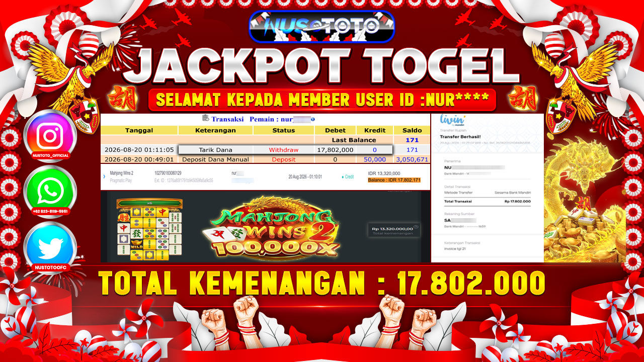 JACKPOT !! MENANG BESAR DI PERMAINAN MAHJONG WINS 2  Rp. 17,802, 000  LANGSUNG DI BAYAR LUNAS NUSTOTO !!