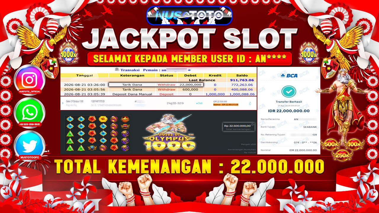 JACKPOT !! MENANG BESAR DI PERMAINAN GATES OF OLYMPUS 1000  Rp. 22,000, 000  LANGSUNG DI BAYAR LUNAS NUSTOTO !!